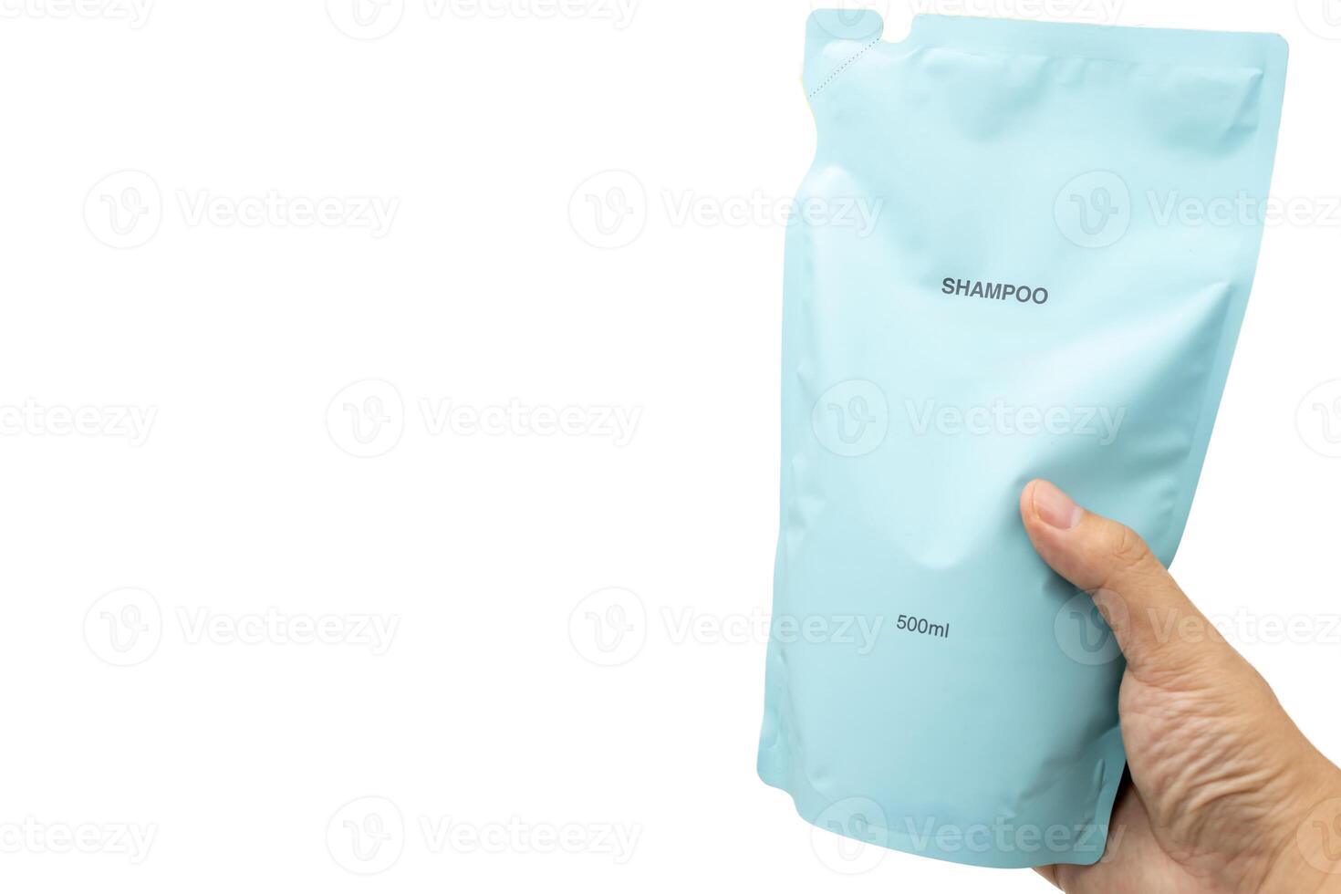 Refill packet or bag. Zero waste. Reuse reduce recycle concept. refill liquid soap, shampoo and other products. Plastic packaging for refill pouch isolated on white background. Clipping path. photo