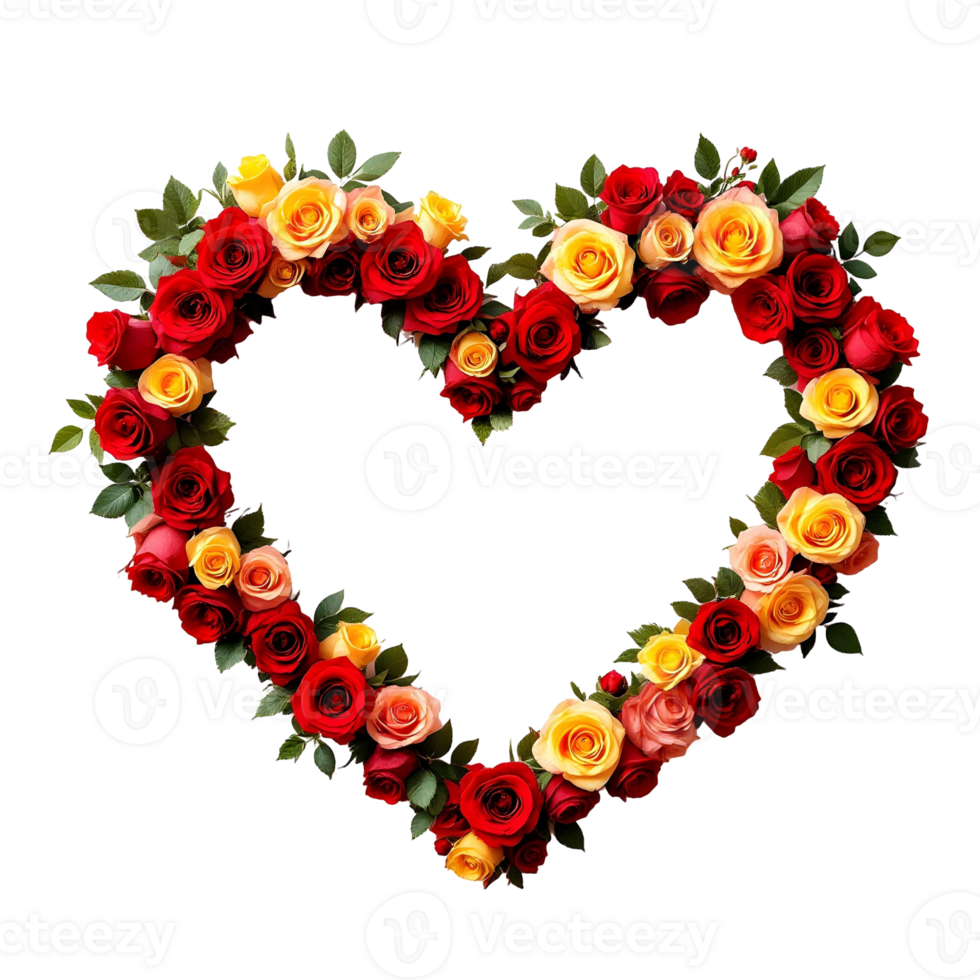 A heart shaped arrangement of red, yellow and orange roses png
