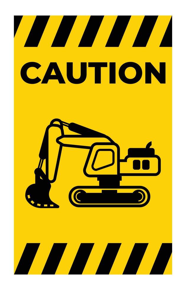 Caution Sign with Excavator on Yellow Background vector
