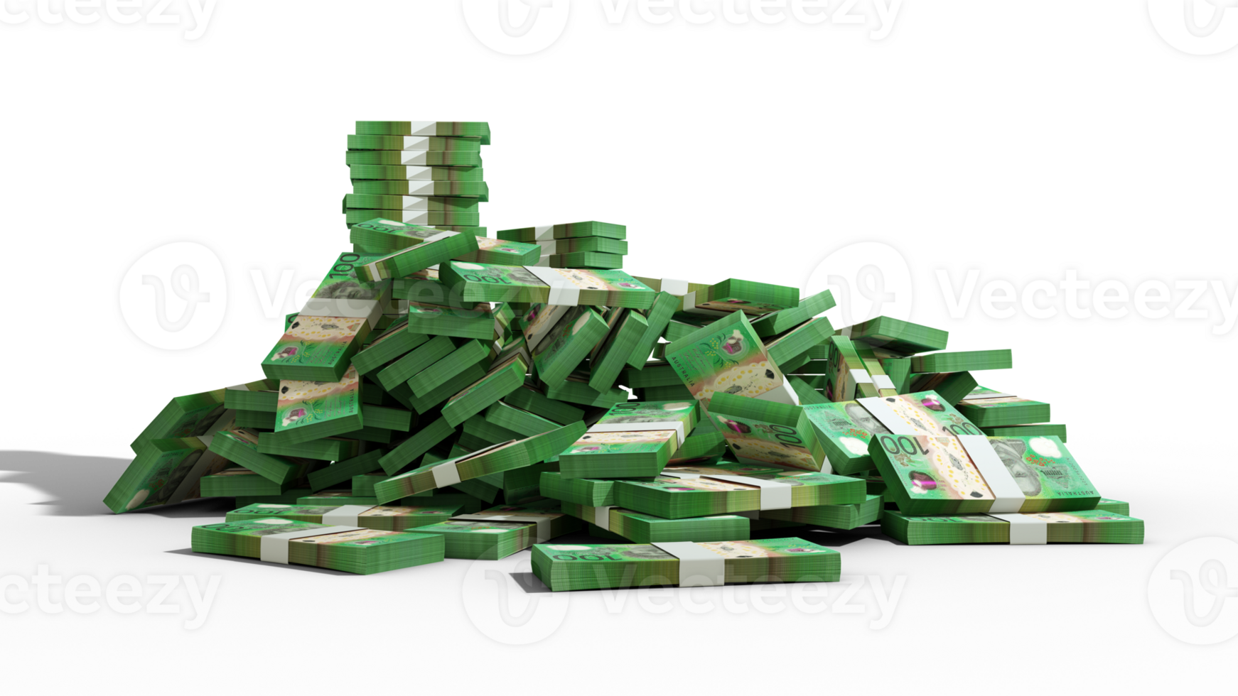 Big pile of Australian dollar notes, a lot of money over white background. 3d rendering of Australia dollars bundles of cash png