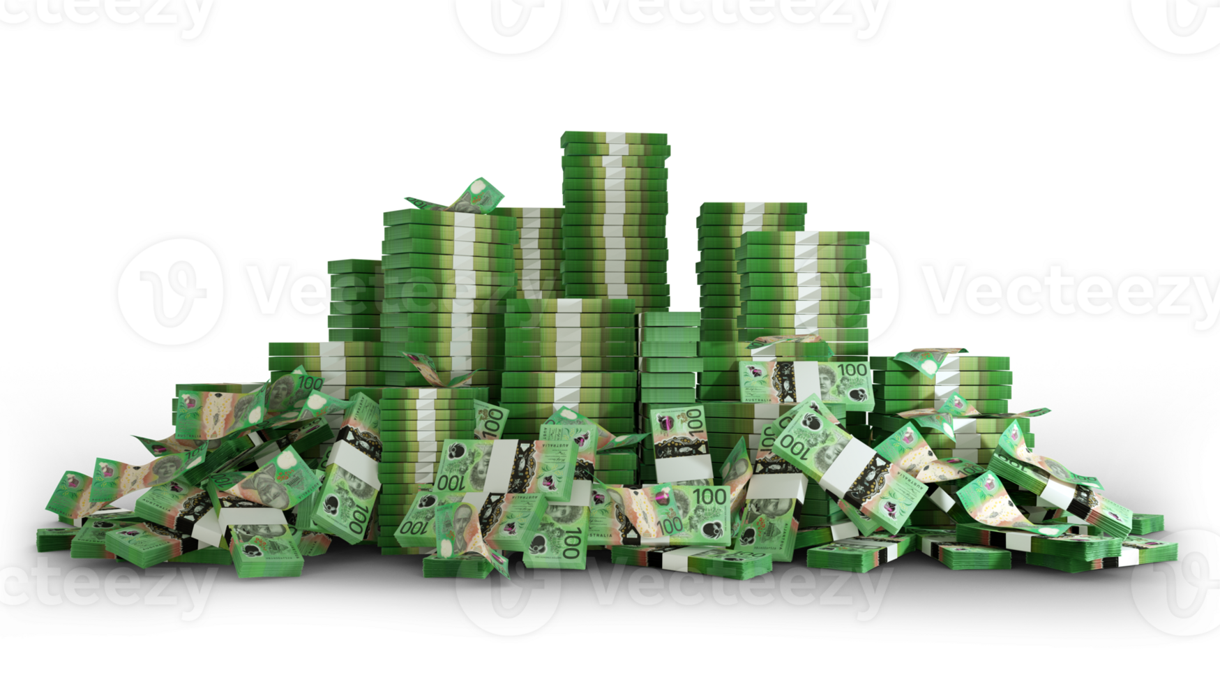 Big stacks of Australian dollar notes. A lot of money isolated on transparent background. 3d rendering of bundles of cash png