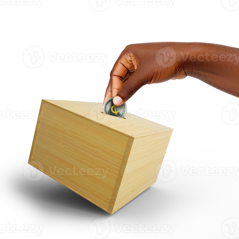 Black Hand putting abstract Ghanaian cedi coin into wooden savings box isolated on white background, personal, future, investment, african, brown, skin, save, money png
