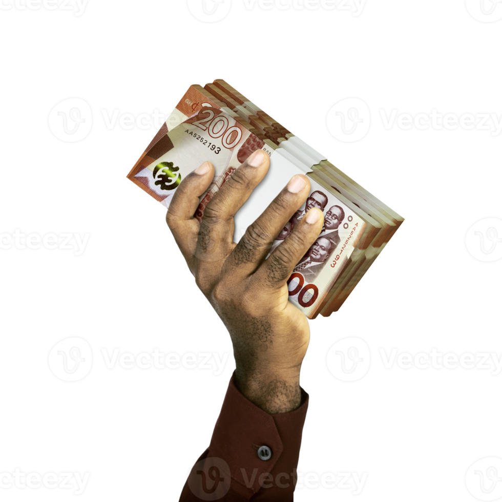 Raised hand Holding stacks of Ghana Cedi notes isolated on transparent background.background png