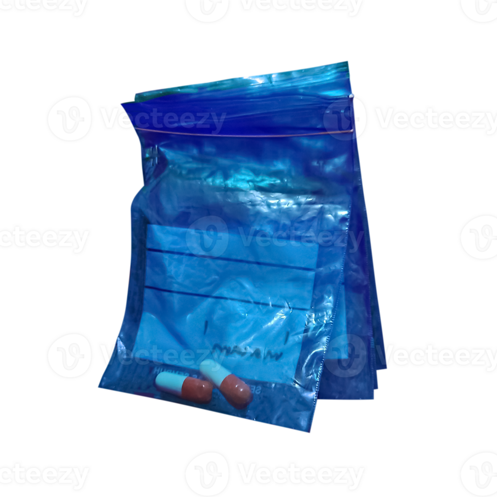 Stacked blue ziplock bags with two capsules white and red in front png