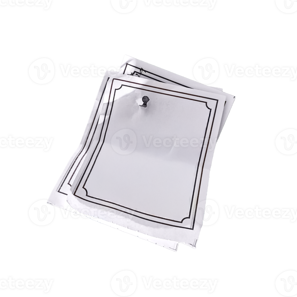 Paper sheets with a black border, pinned with a thumbtack. Top sheet is curled png
