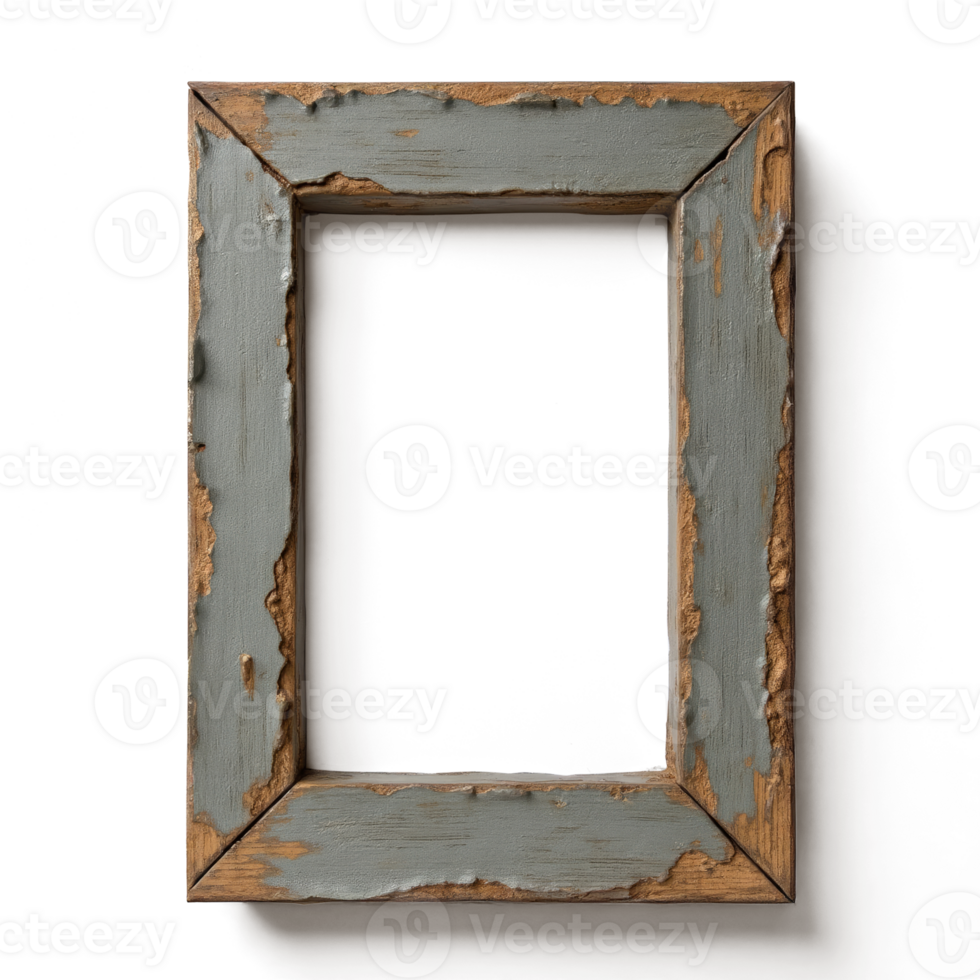 Vintage style wooden picture frame with a weathered, distressed finish png