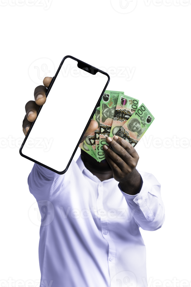 Black person holding Australian dollar notes and pointing phone with blank screen to the camera. Hand holding Australia dollars currency notes png
