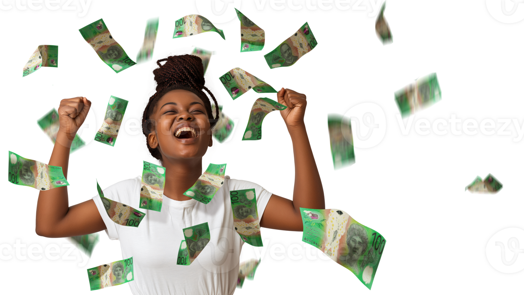 Australian dollar notes raining on black African woman with braids excited looking up with hands in the air over transparent background, money pouring on person png
