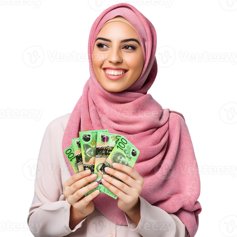 Middle east woman with Australian dollar notes isolated on a transparent background. Financial freedom, wealth and face of happy, excited and rich female with cash in her hands png