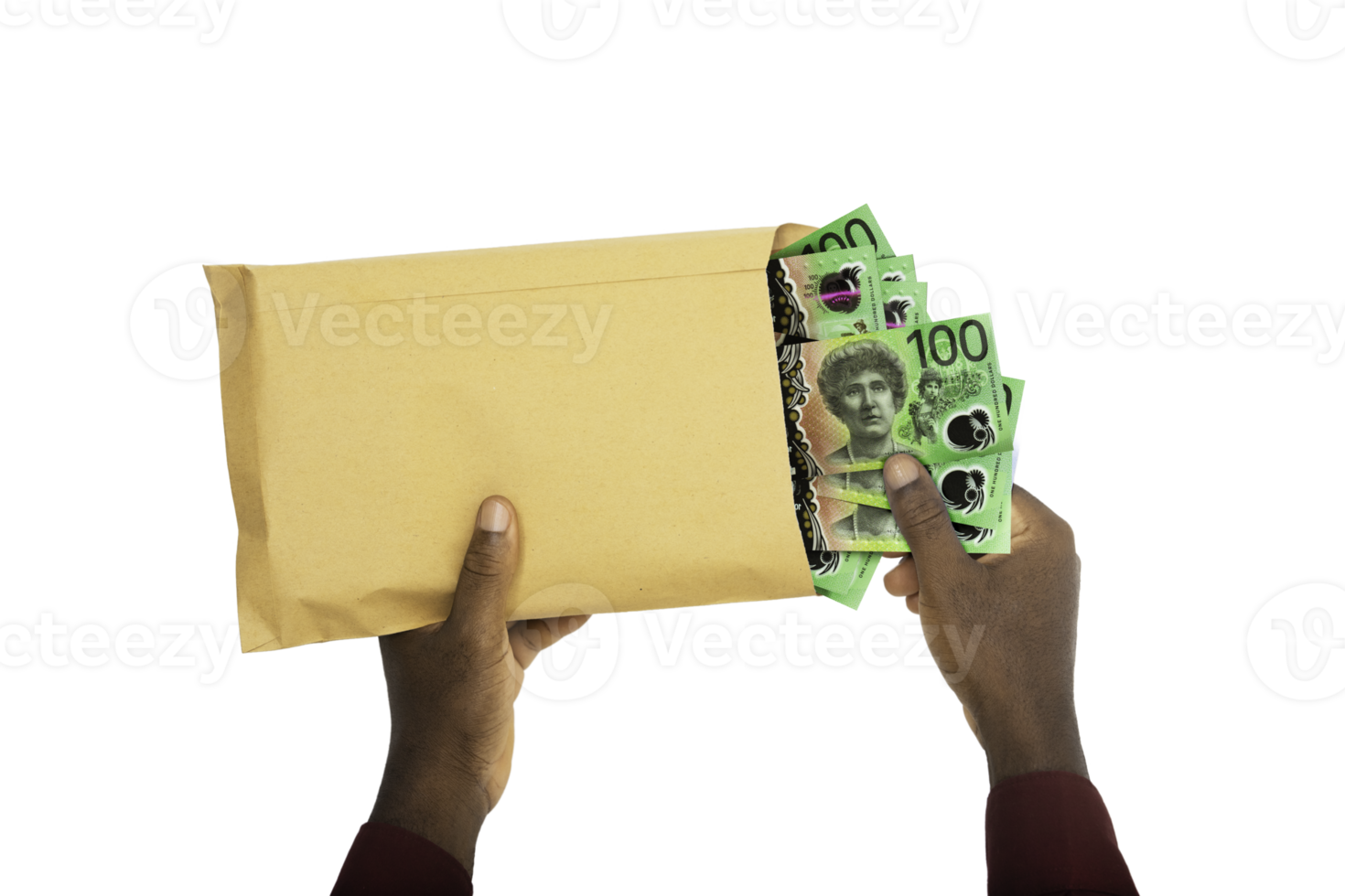 black male hands holding opened brown envelope containing Australian dollar notes on transparent background, Australia dollars png