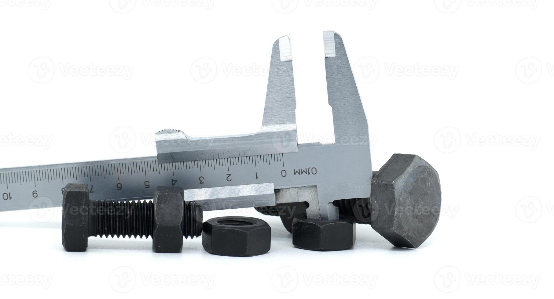Caliper measuring a metal nut, illustrating precision engineering and industrial tools on a white photo