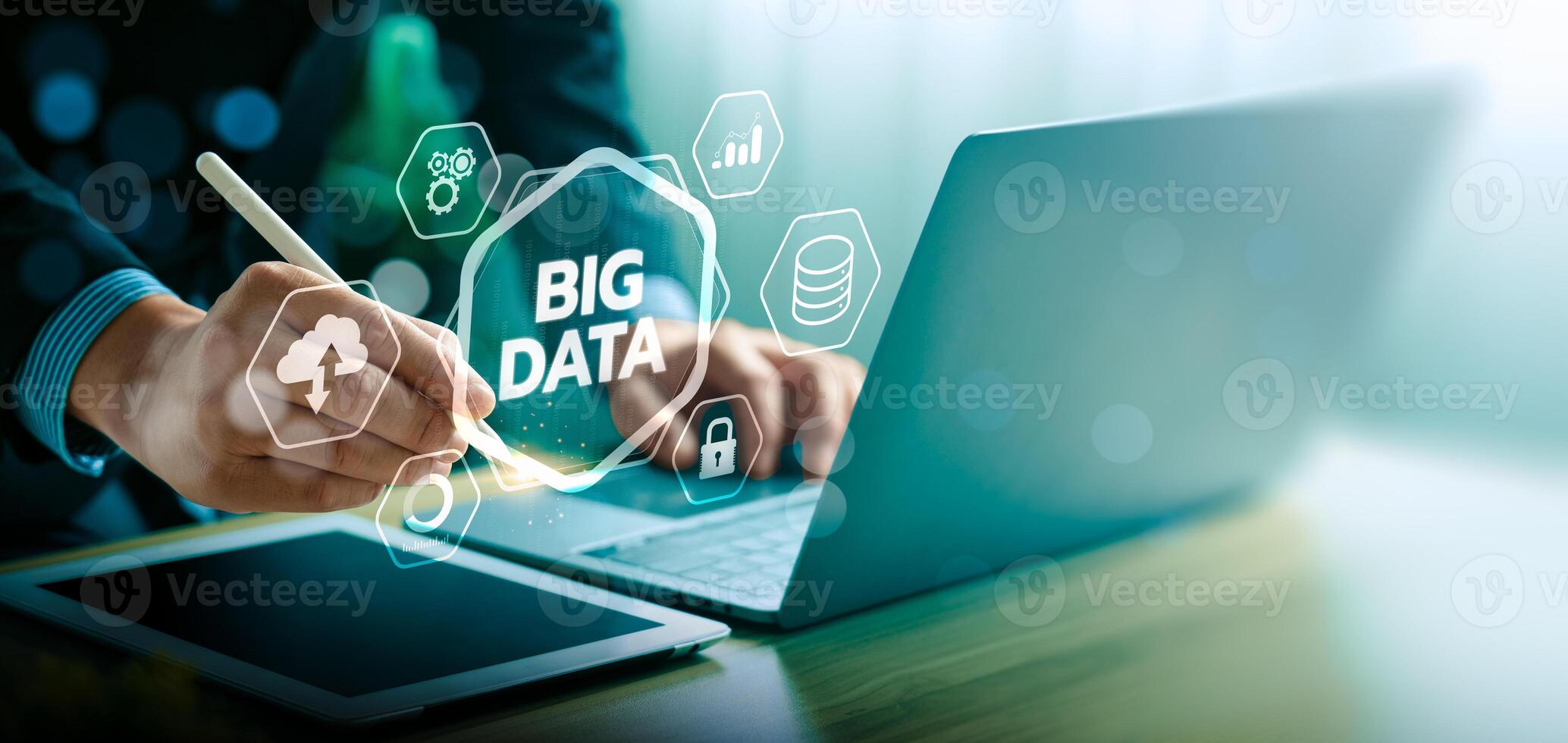 Businessman Interacting with Big Data Icons on Virtual Screen Representing Data Analysis, Cloud Storage, Security, and Technology for Business Intelligence and Digital Transformation photo