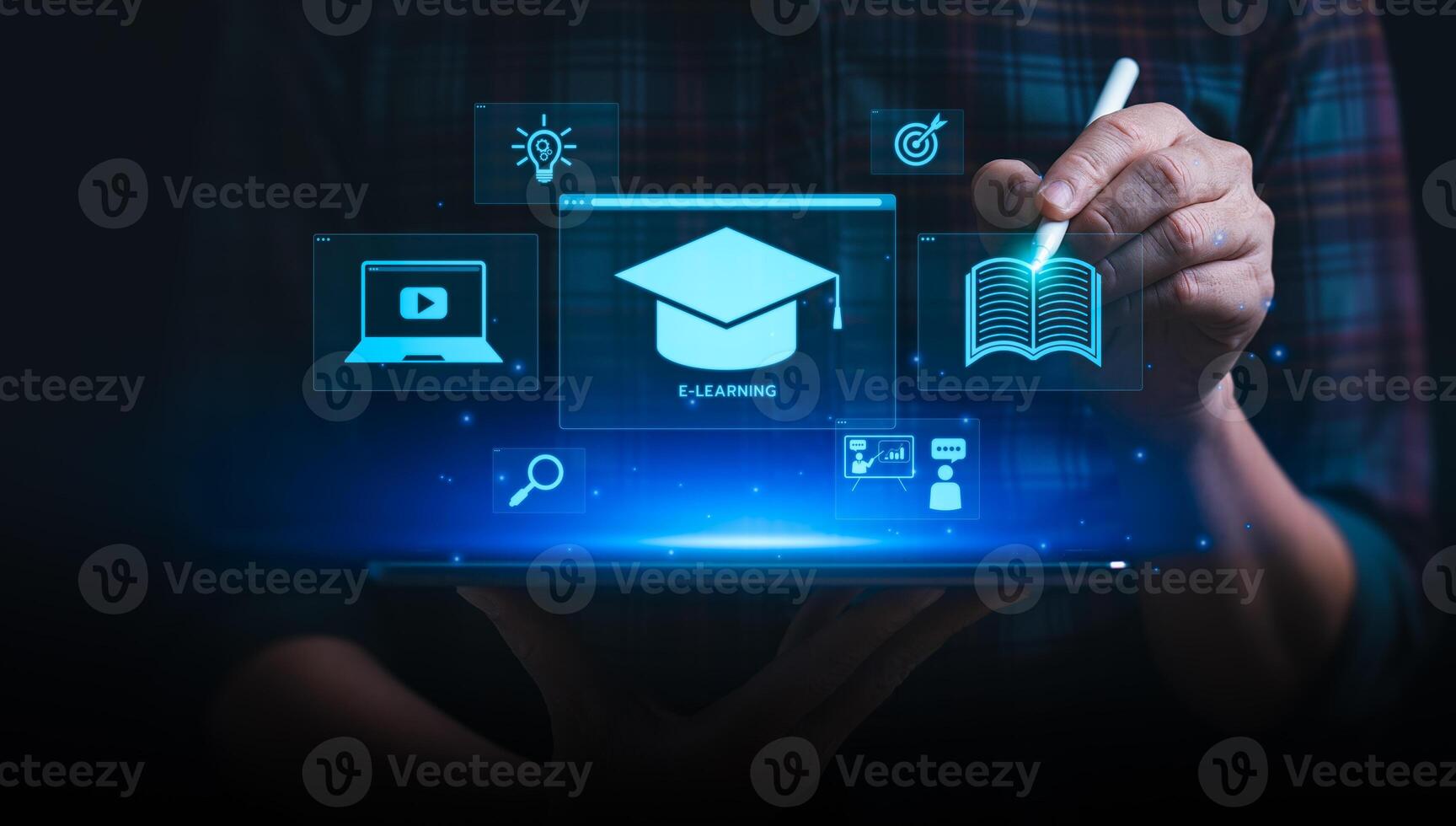 Person Using Tablet with E-Learning Icons Representing Online Education, Distance Learning, and Digital Tools for Student Success and Virtual Learning Platforms, Personal development concept photo