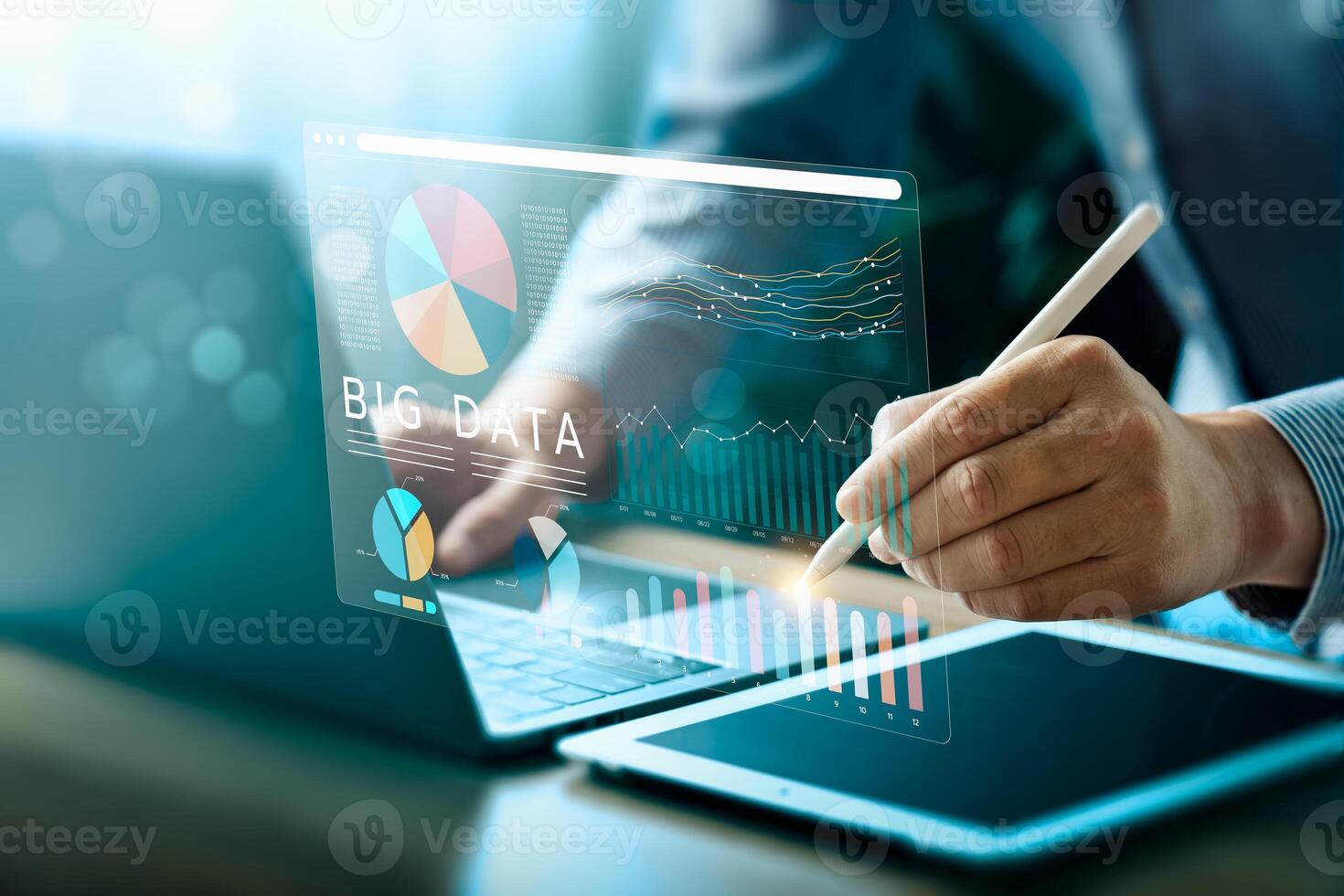 Businessman Analyzing Big Data Analytics on Virtual Screen with Graphs and Charts, Representing Data Science, Technology, and Business Intelligence Solutions for Decision Making, Performance Insights photo