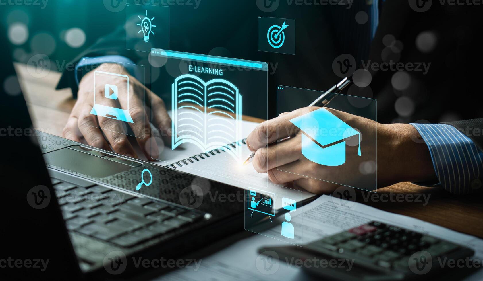 Professional Engaging with E-Learning Platforms on Laptop, Highlighting Virtual Education Tools for Online and Distance Learning to Enhance Student Success, Academic Growth, Modern Digital Classrooms photo