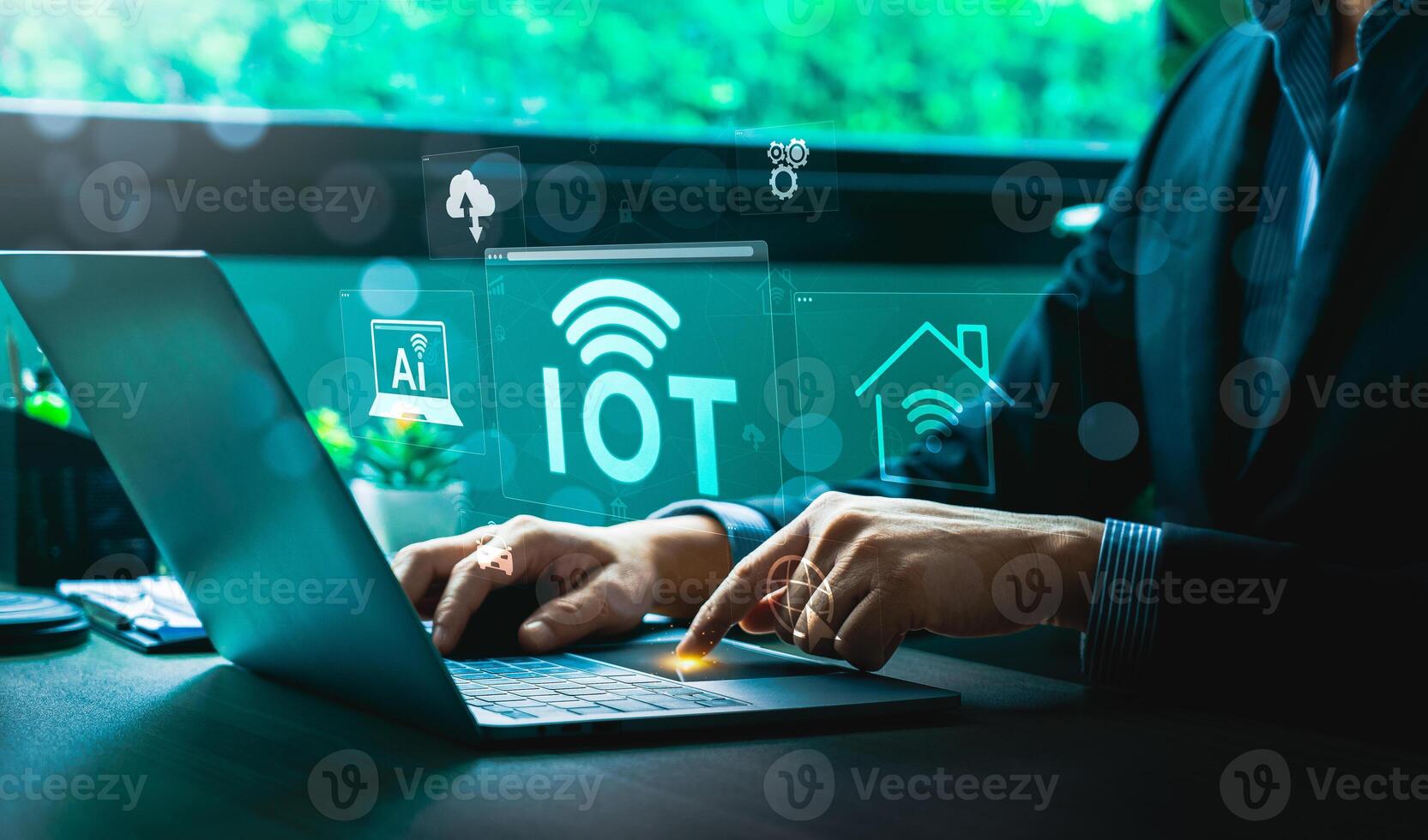 Business Professional Working on Laptop to Manage Internet of Things IoT Network with AI, Cloud, and Smart Home Integration Icons Highlighting Advanced Digital Connectivity and Automation photo