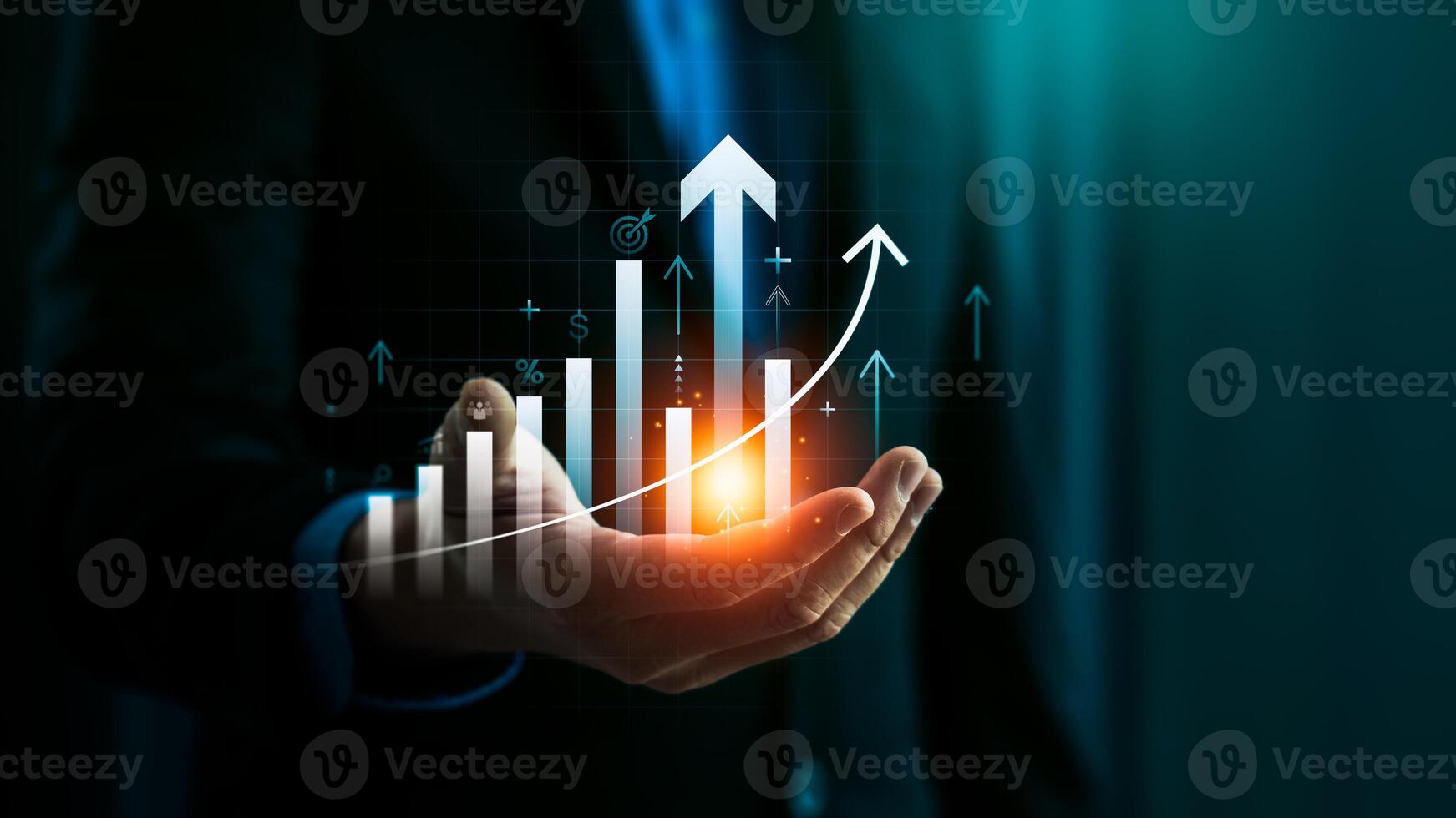 Rising Bar Graph Representing Business Growth, Financial Success, and Economic Progress with Arrows Indicating Positive Trends, Increasing Profits, Future Opportunities in Investment and Strategy photo