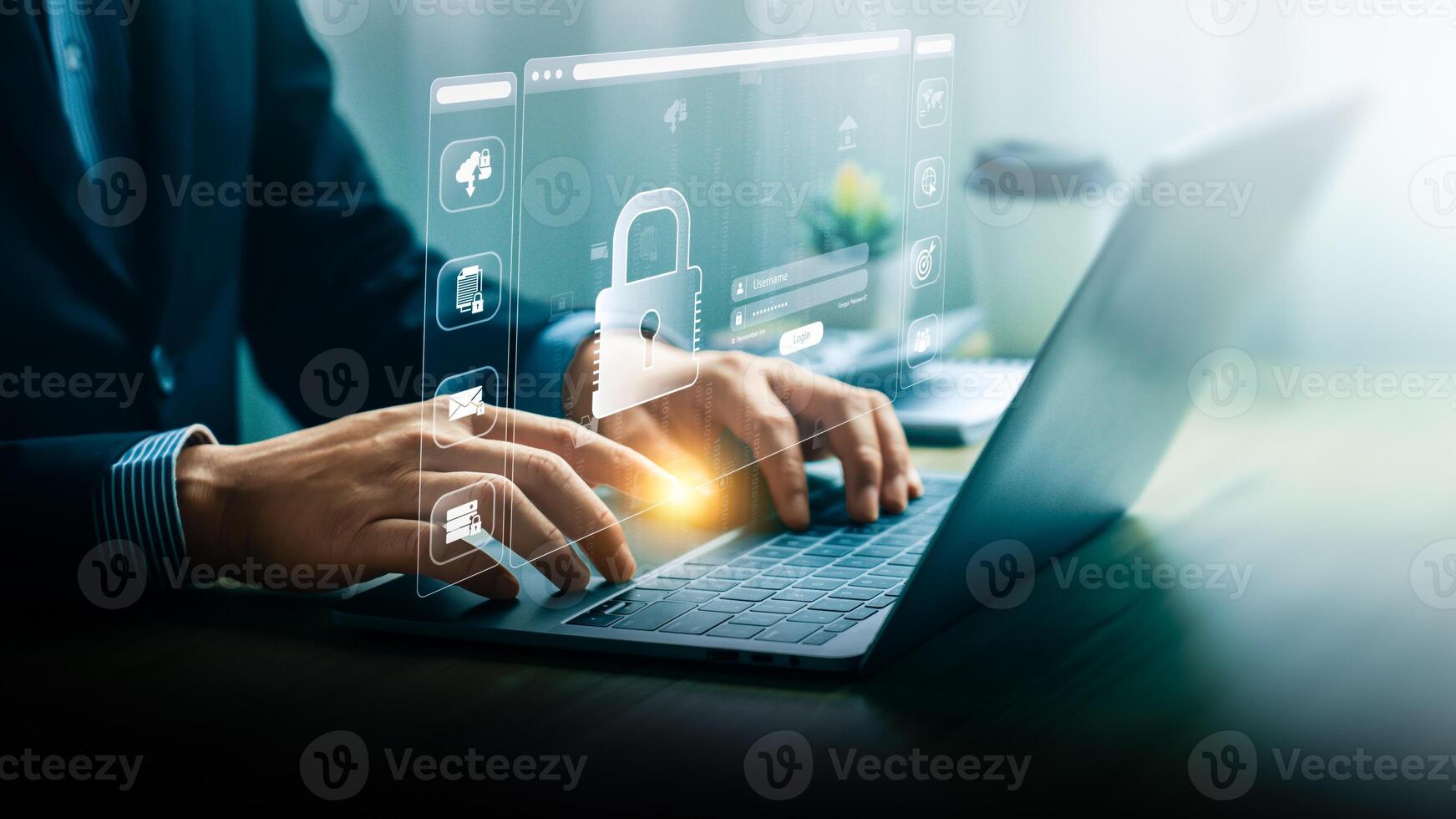 Businessman Engaging in Cybersecurity Measures on Laptop, Business in the Digital Age, Tech Security Online Privacy Smart Security Software Global Network Protection Digital Business Security photo