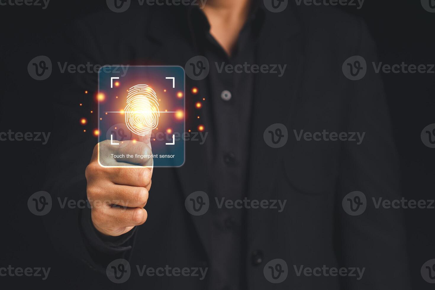 Technology fingerprint scan provides security. Cloud computing system photo