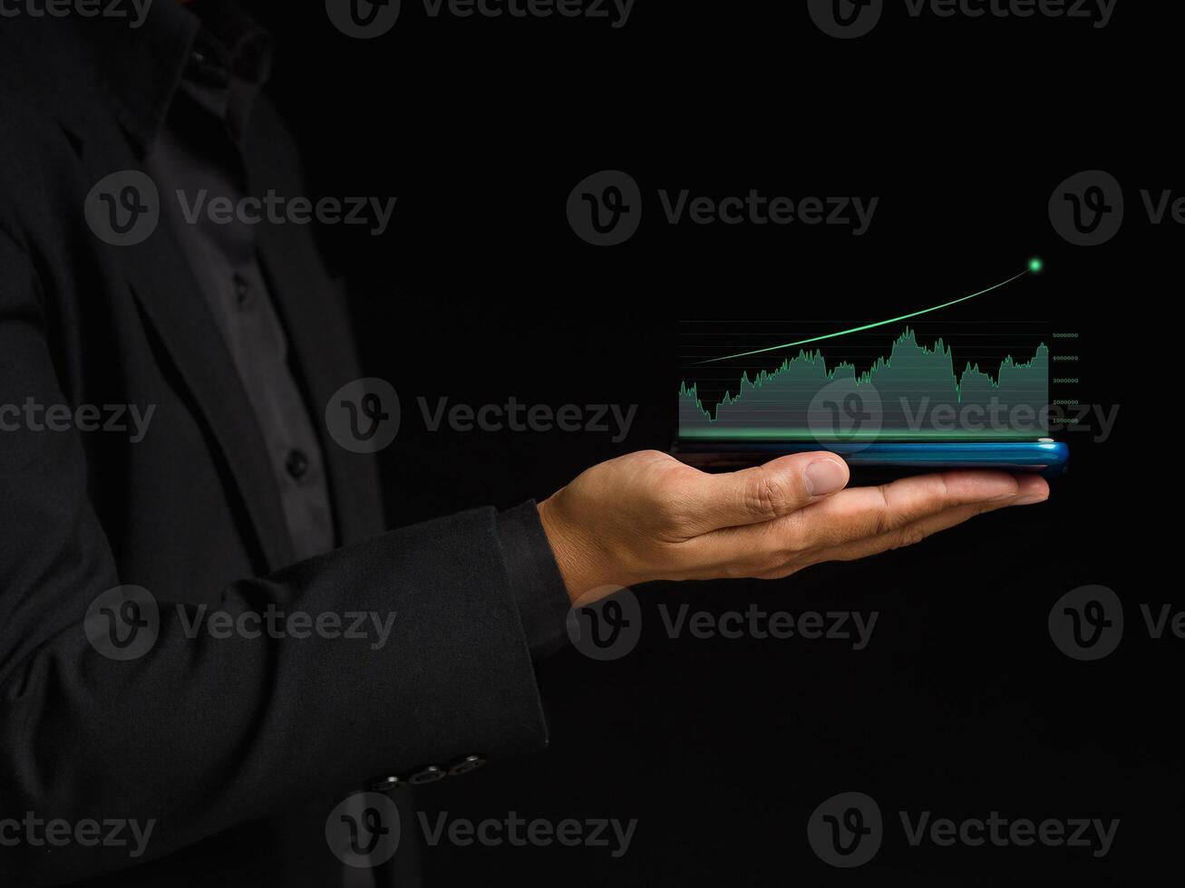 Digital increasing bar business graph growth on a smartphone on the palm while standing on a black background photo