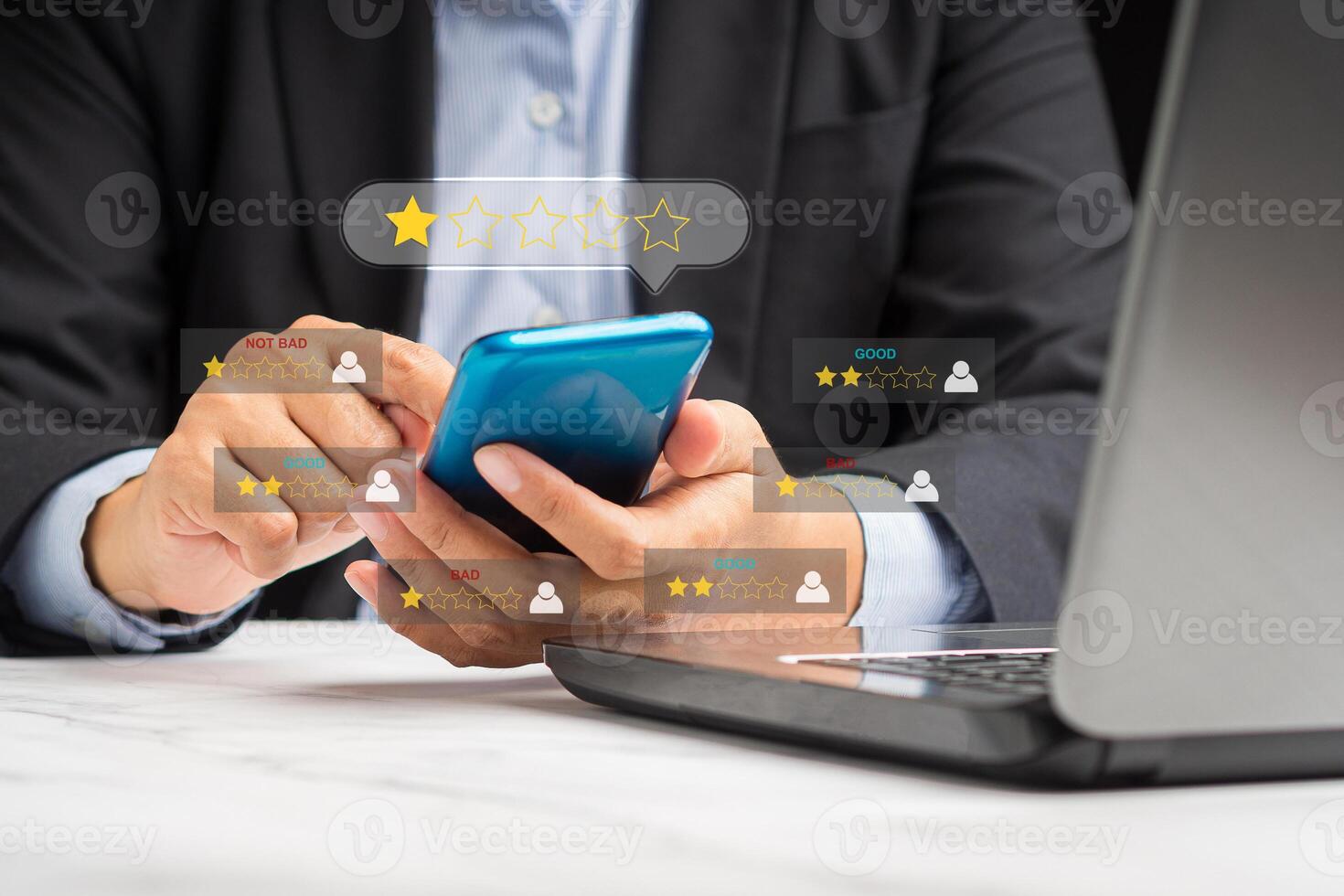 Negative feedback concept. Hand choosing 1-star rating review in the survey, poll, or customer satisfaction photo