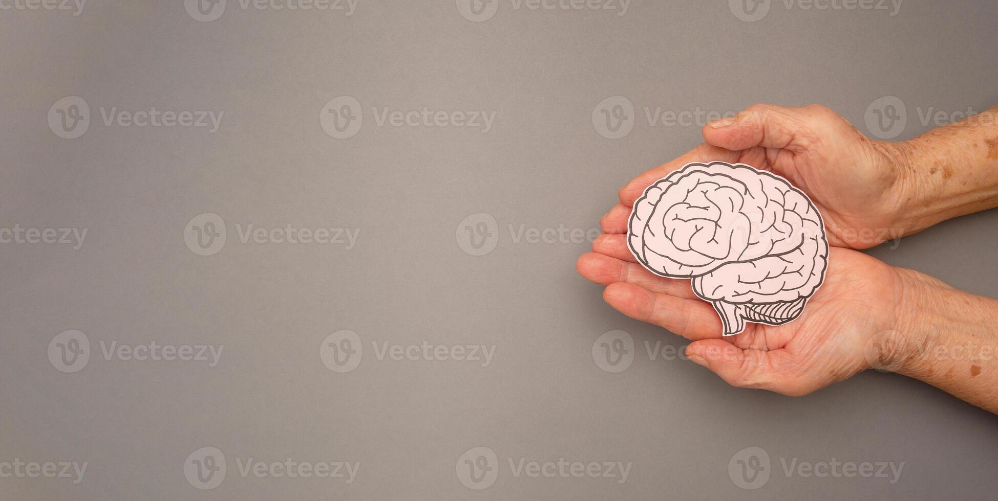 Brain shape made from paper on a palm senior woman on a gray background photo