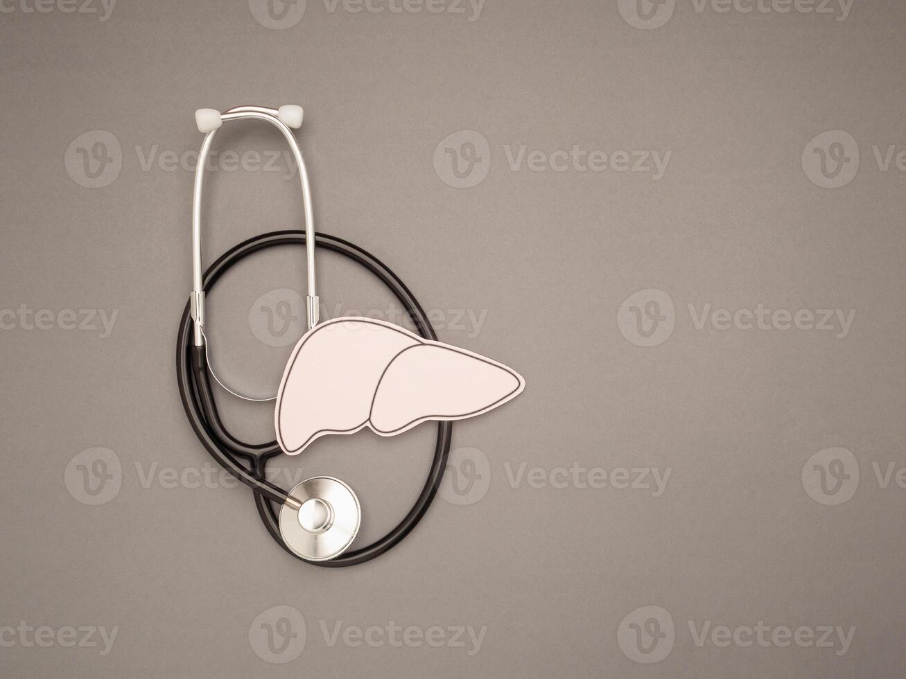 A stethoscope and liver shape made of paper are over a gray background photo
