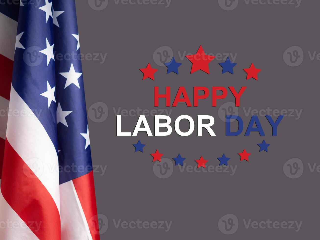 Happy labor day text over a vintage floor background and the American flag photo
