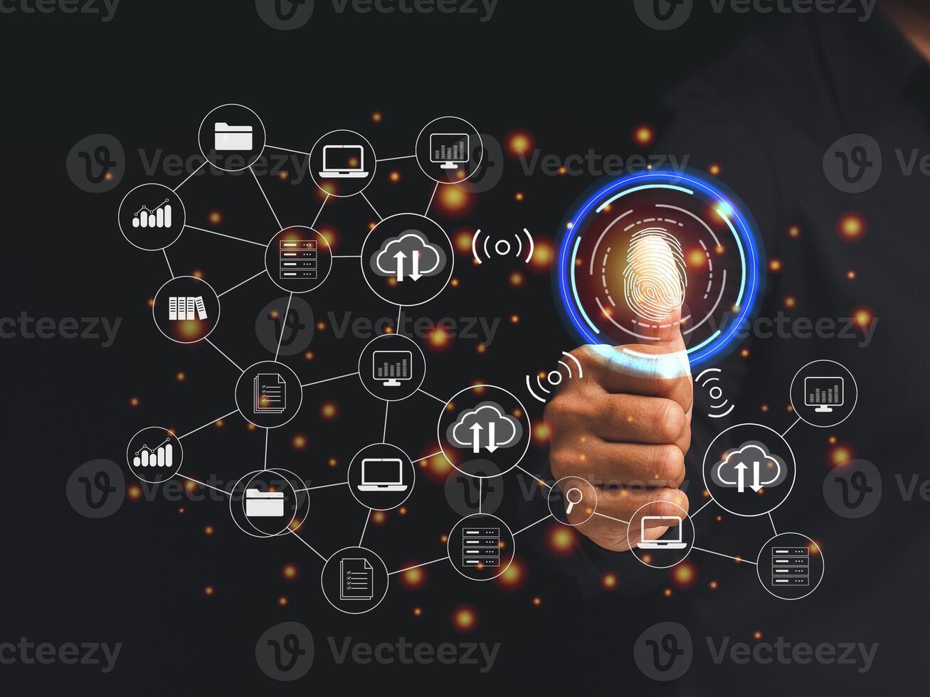 Technology fingerprint scan provides security. Cloud computing system photo