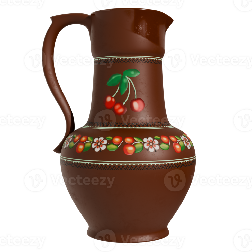 A brown jug with cherries on it png
