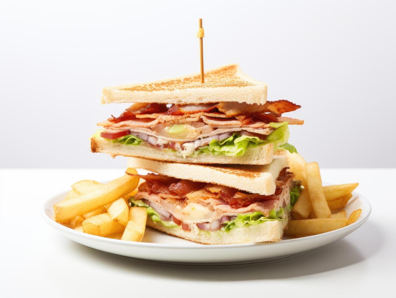 Delicious Classic Club Sandwich with Chicken, Cheese, and Fresh Vegetables on a White Background photo