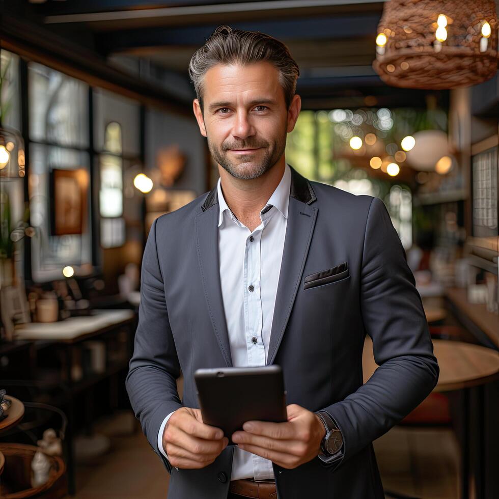 Smiling portrait of a businessman using tablet photo