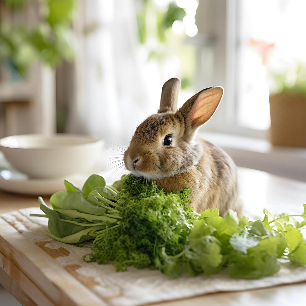 Cute Bunny Eating Healthy Vegetable Indoors photo