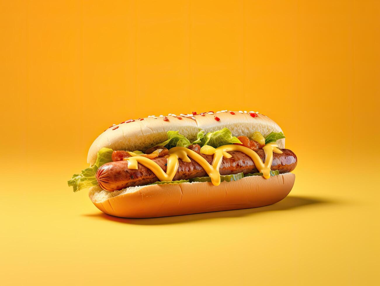 Juicy Hot Dog Burger with Cheese and Condiments on Yellow Background photo