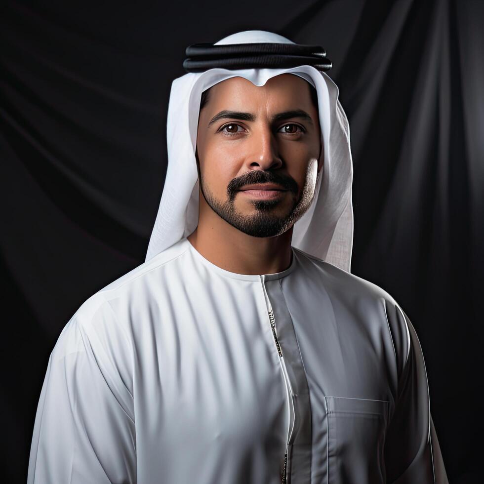 Confident Young Serious Arab Businessman Portrait on Black Background photo