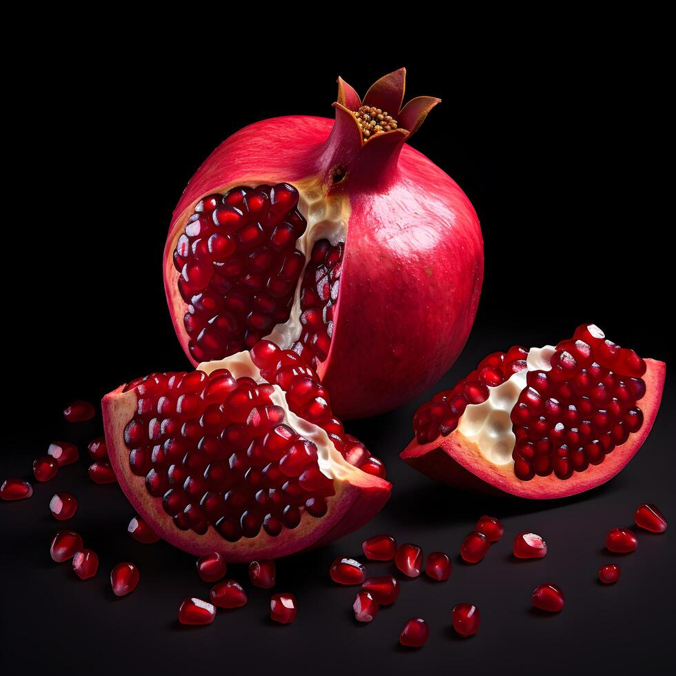 Fresh and Juicy Pomegranate Seeds on Black Background photo