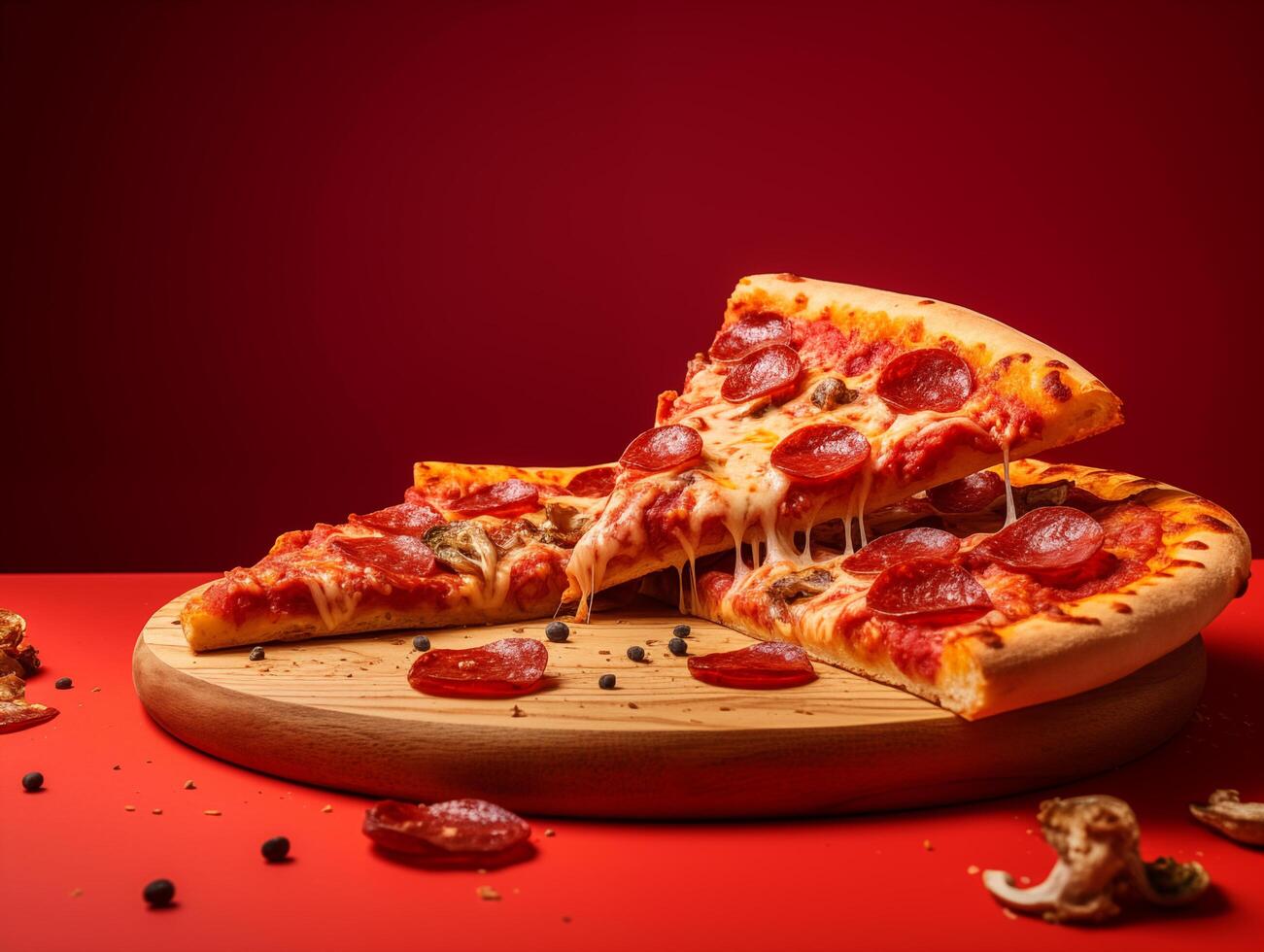 Delicious Pepperoni Pizza on a Red Colored Background - Studio Shot photo
