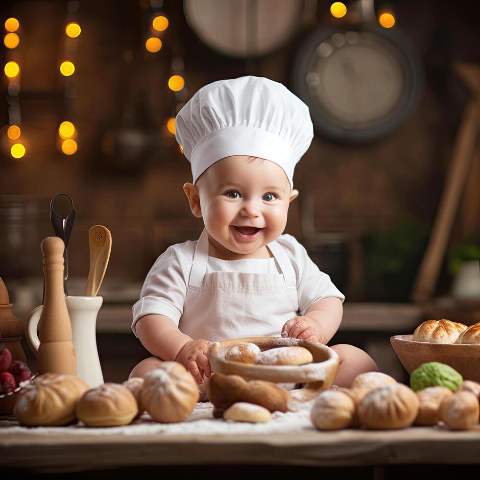 Cheerful Baby Enjoying Delicious Baking and Celebrating with a Happy Smile photo