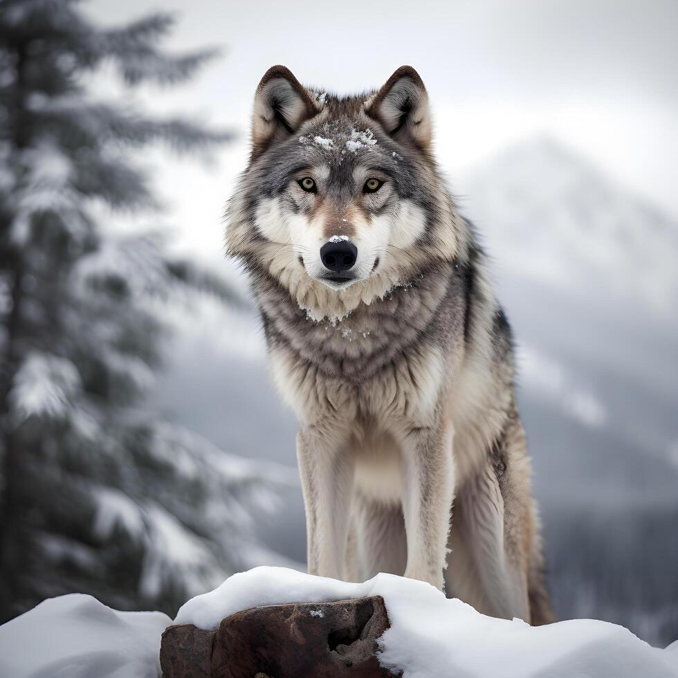 Winter Portrait of a Majestic Wolf in Snowy Wildlife Habitat photo