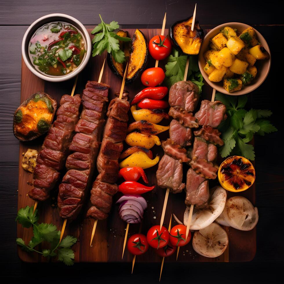 Grilled Beef Kebab with Fresh Vegetables and Spices photo