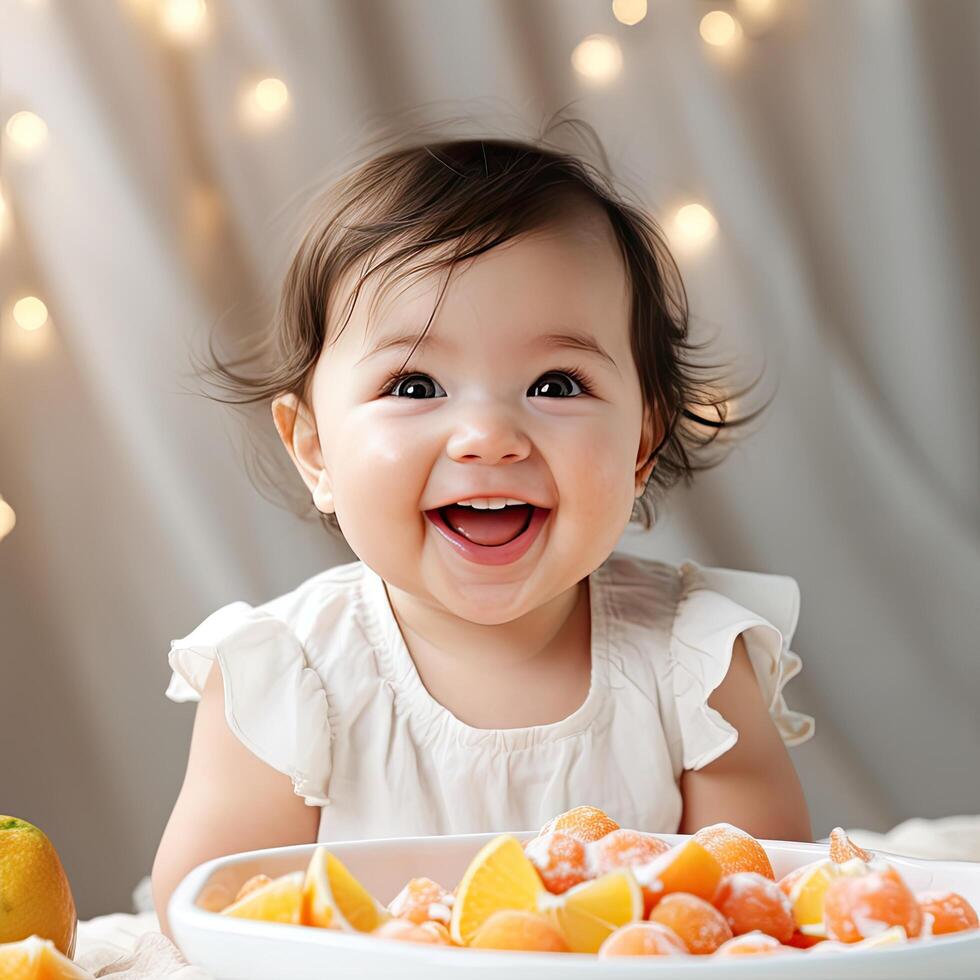 Cheerful Baby Enjoying Healthy Eating, Smiling and Looking at Camera photo