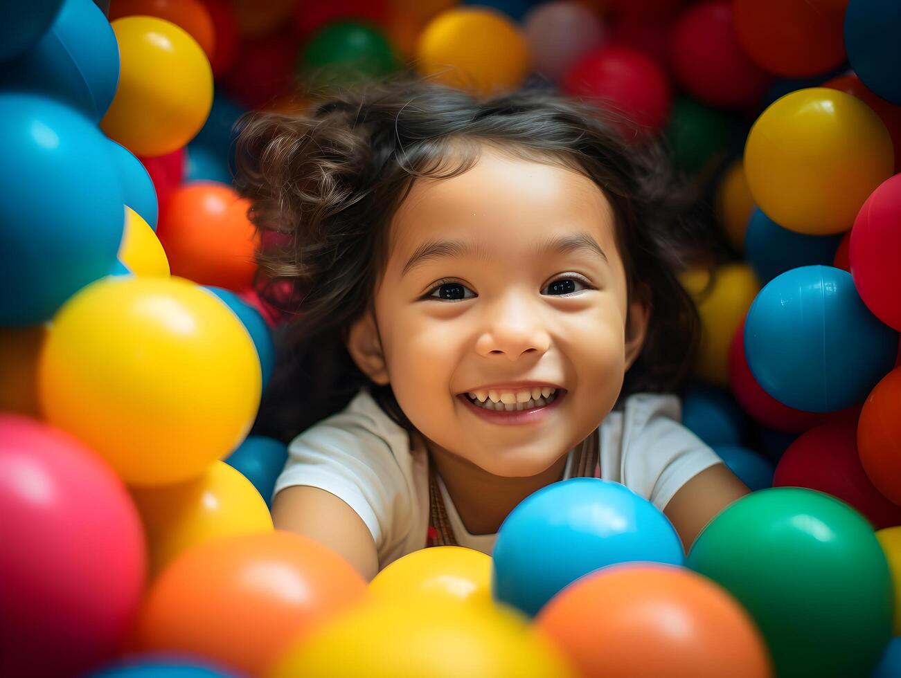 Cheerful Child Celebrating with Colorful Balloons in Indoor Ball Pit photo