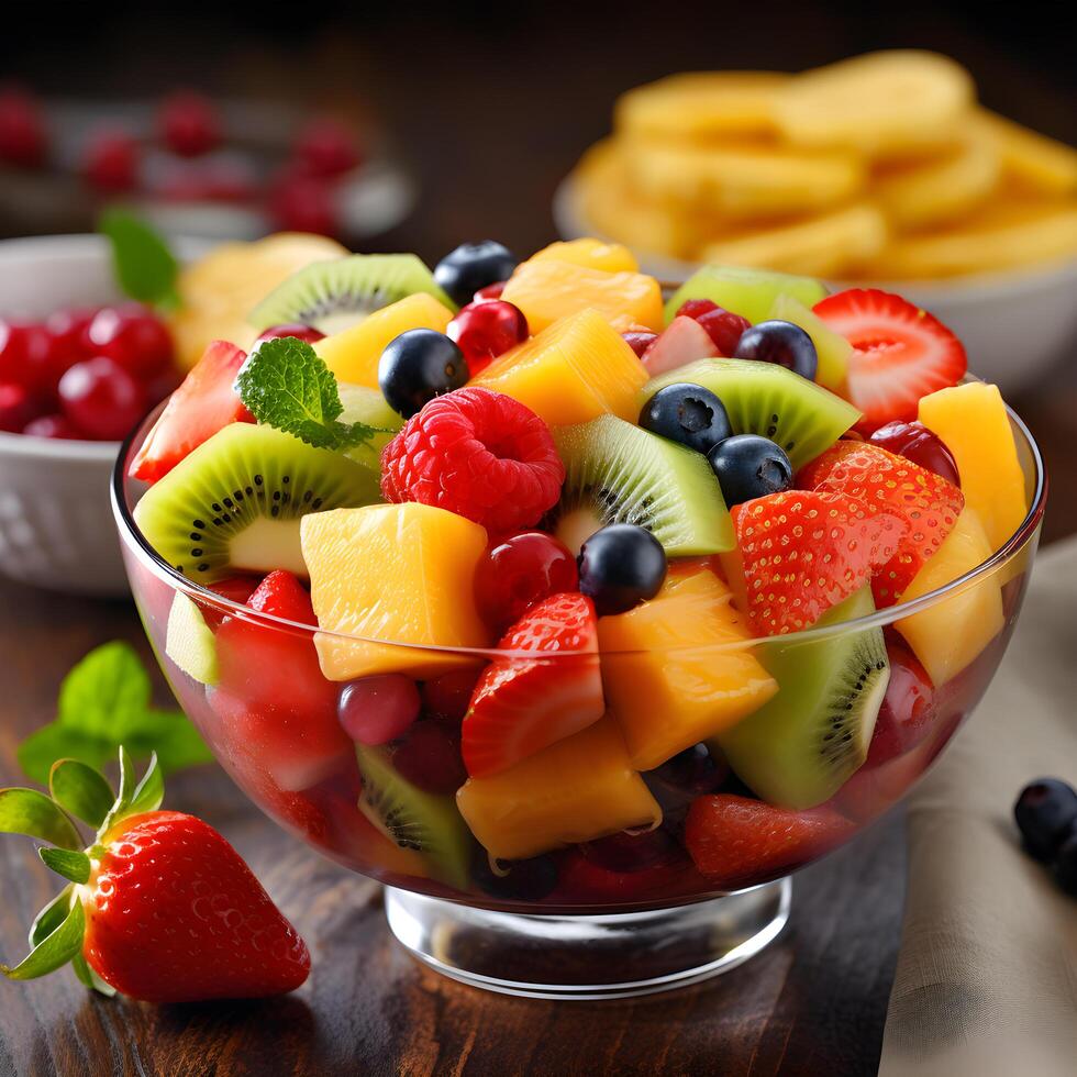 A bowl of fruit salad with a bowl of fruit salad next to it photo