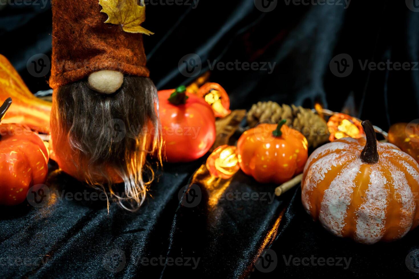 Halloween decorations background. Halloween Scary pumpkin head on wooden table Halloween holiday concept photo