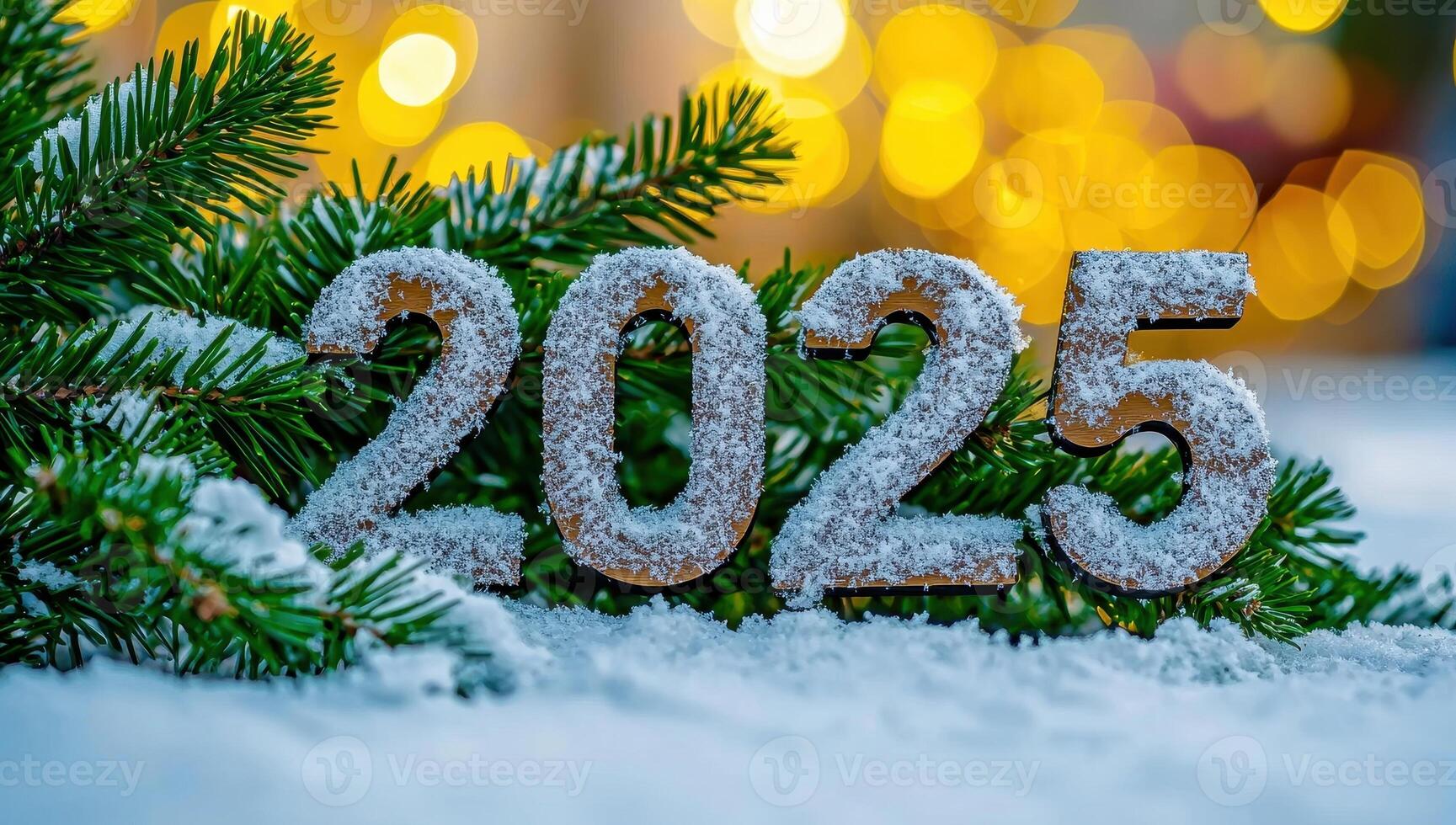 Happy New Year 2025. Wooden numbers covered with snow stand in the snow against a background of bokeh lights and fir branches. photo