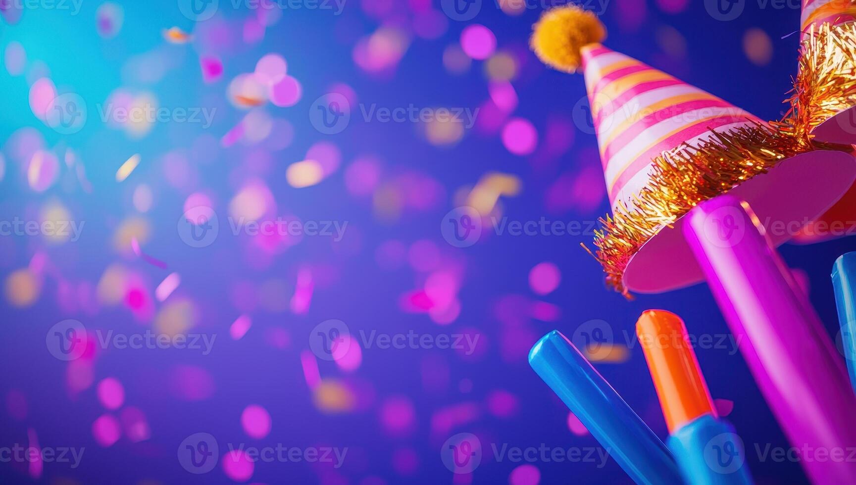 Colorful party background with party hats, confetti, and noisemakers on a vibrant blue and purple background. photo