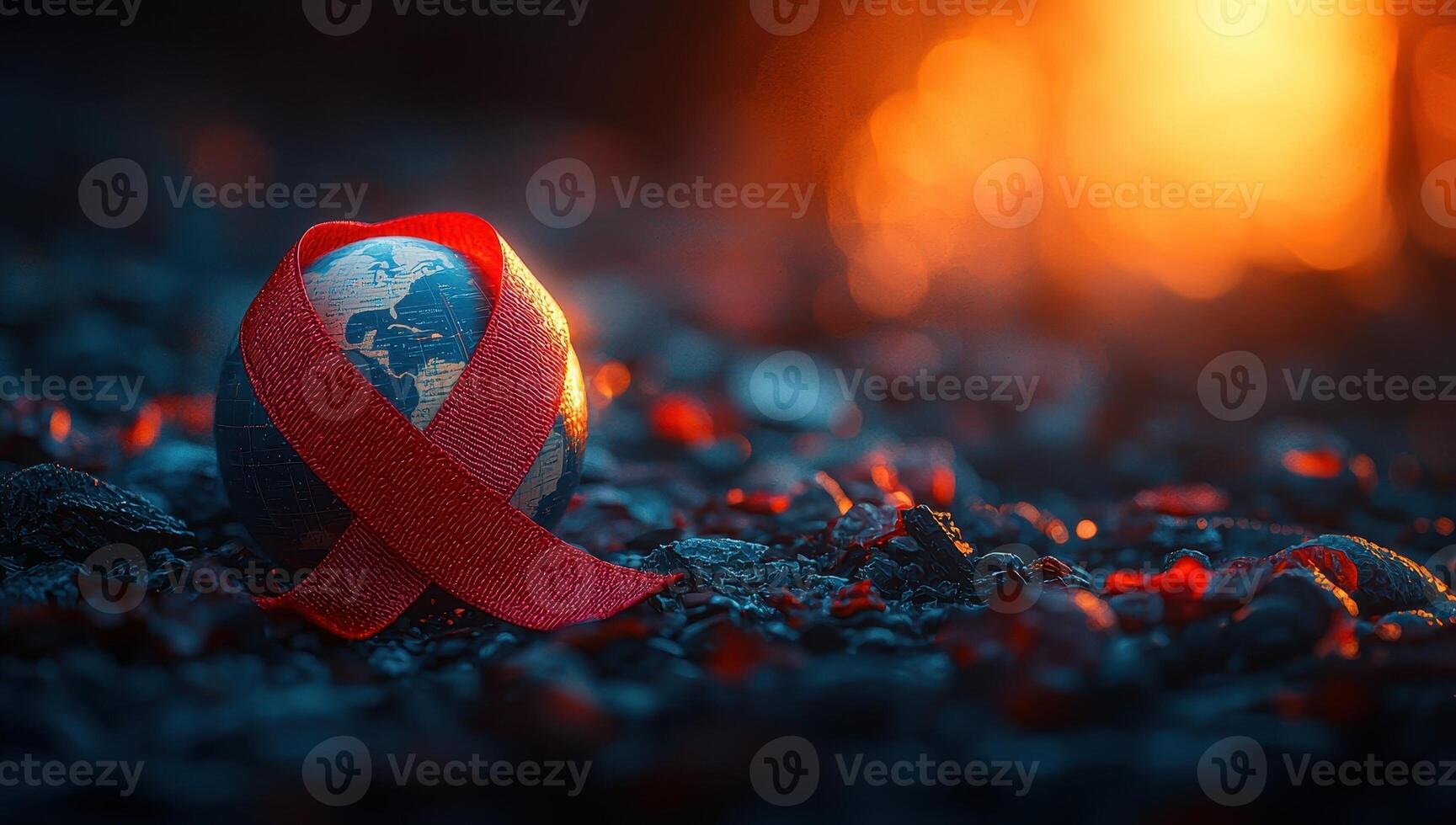 World AIDS Day concept, Earth globe with red ribbon on ashes and fire background. photo