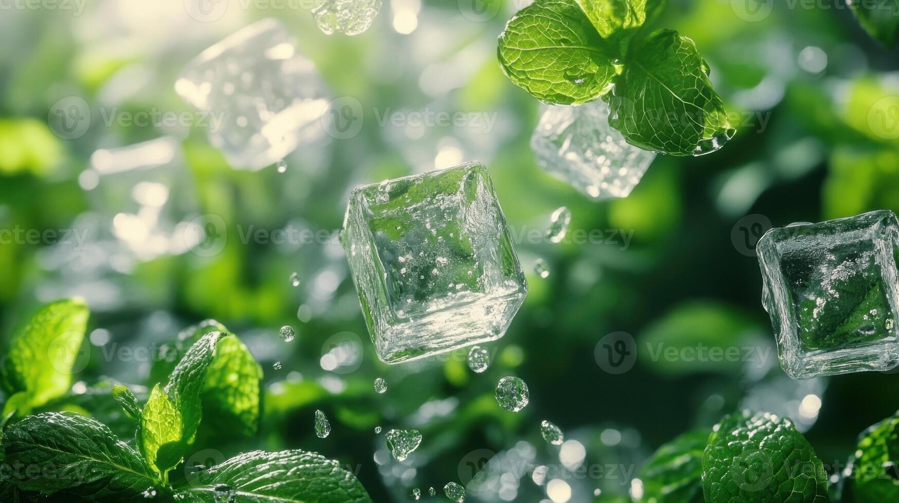 Ice cubes surrounded by fresh mint leaves with droplets of water, evoking a refreshing and cool atmosphere. photo