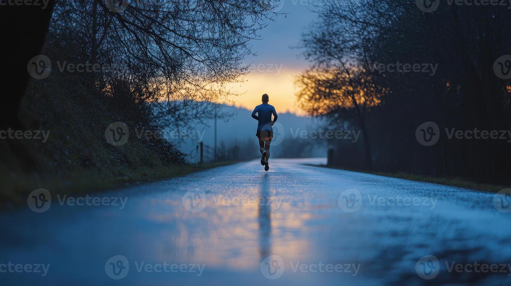 Woman running on a wet road at sunset. Concept of determination, fitness and healthy lifestyle. photo