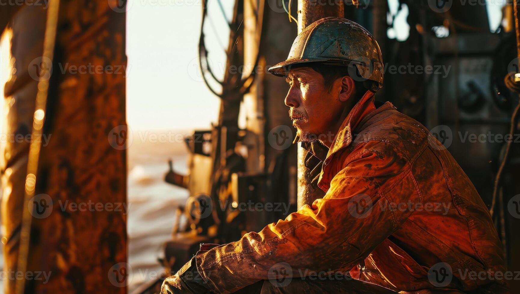 Tired worker in helmet on industrial site at sunset, concept of labor and industry. photo